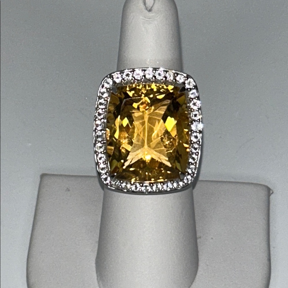 NWOT Genuine Square Citrine White Topaz Halo Designer Gemstone Cocktail Ring